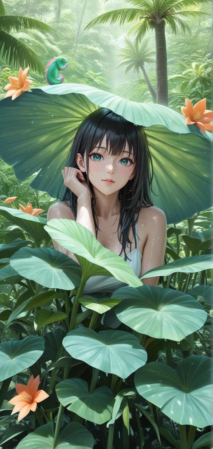 A stunning cinematic close-up portrait of a beautiful Asian woman standing in a lush tropical rainforest. **The Subject:**...