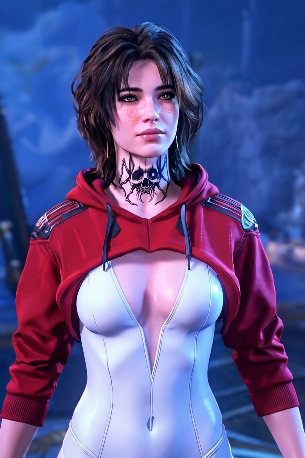 baldurs_gate3 game character render of an ***** woman(Evelyn) with short wavy hair and subtle freckles across her cheeks....