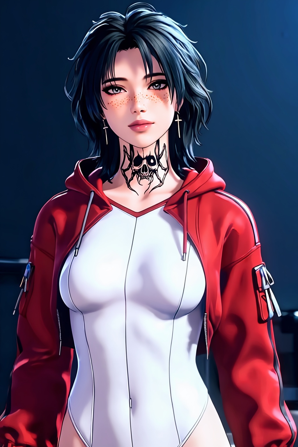 High-quality anime illustration of an ***** woman(Evelyn) with short wavy hair and soft,  natural freckles across her chee...