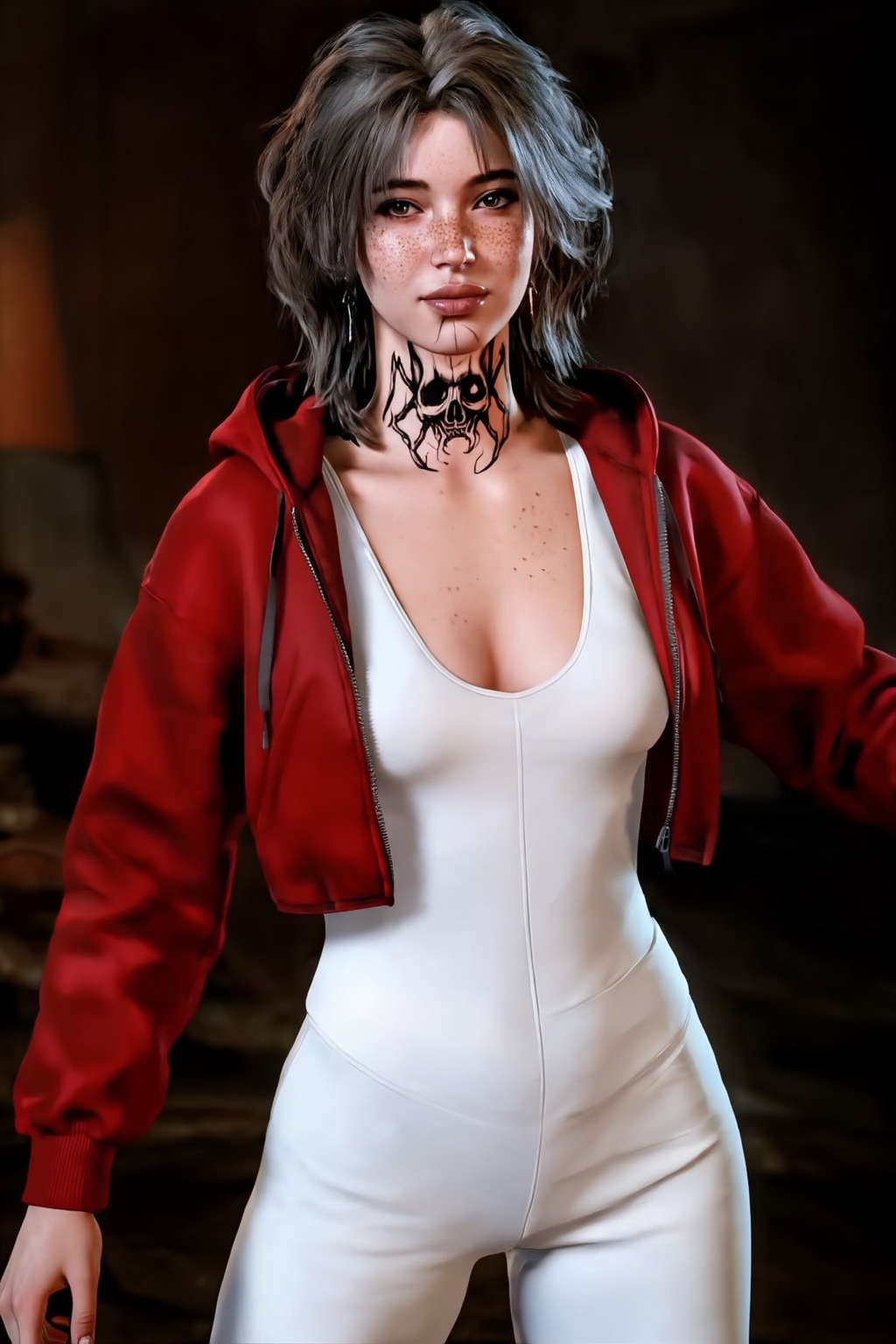 Evelyn,  baldurs_gate3,  Ultra-realistic photography of an ***** woman with short wavy hair and natural freckles across he...