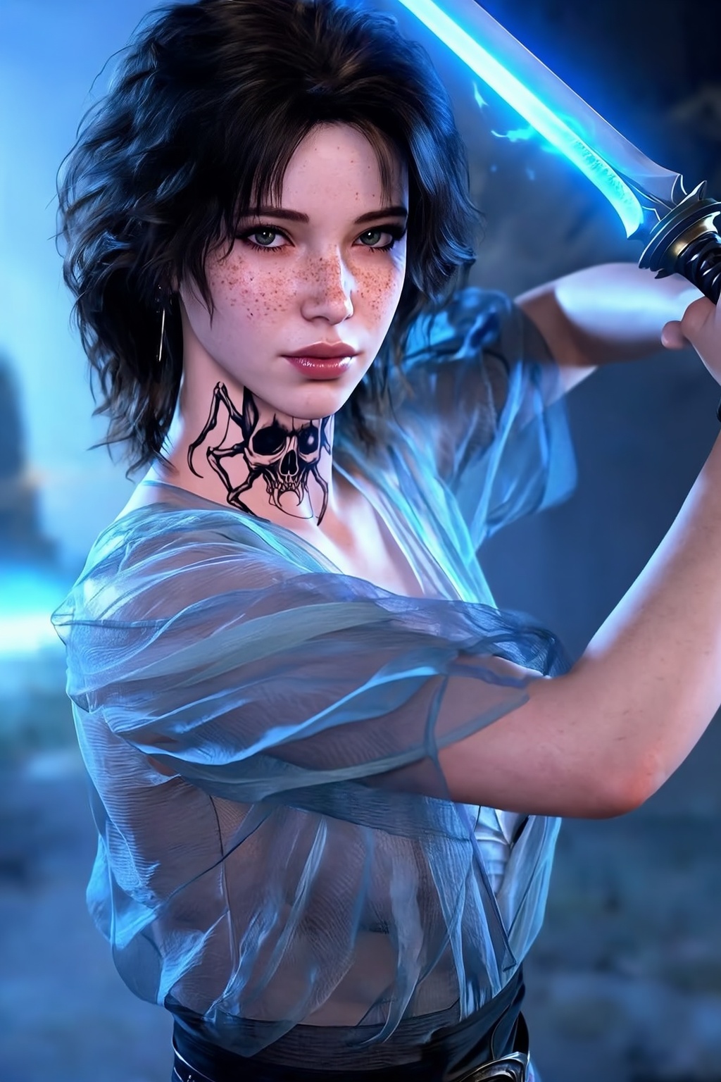 Ultra-realistic photography of an ***** woman(Evelyn) with short wavy hair and natural freckles across her cheeks and nose...