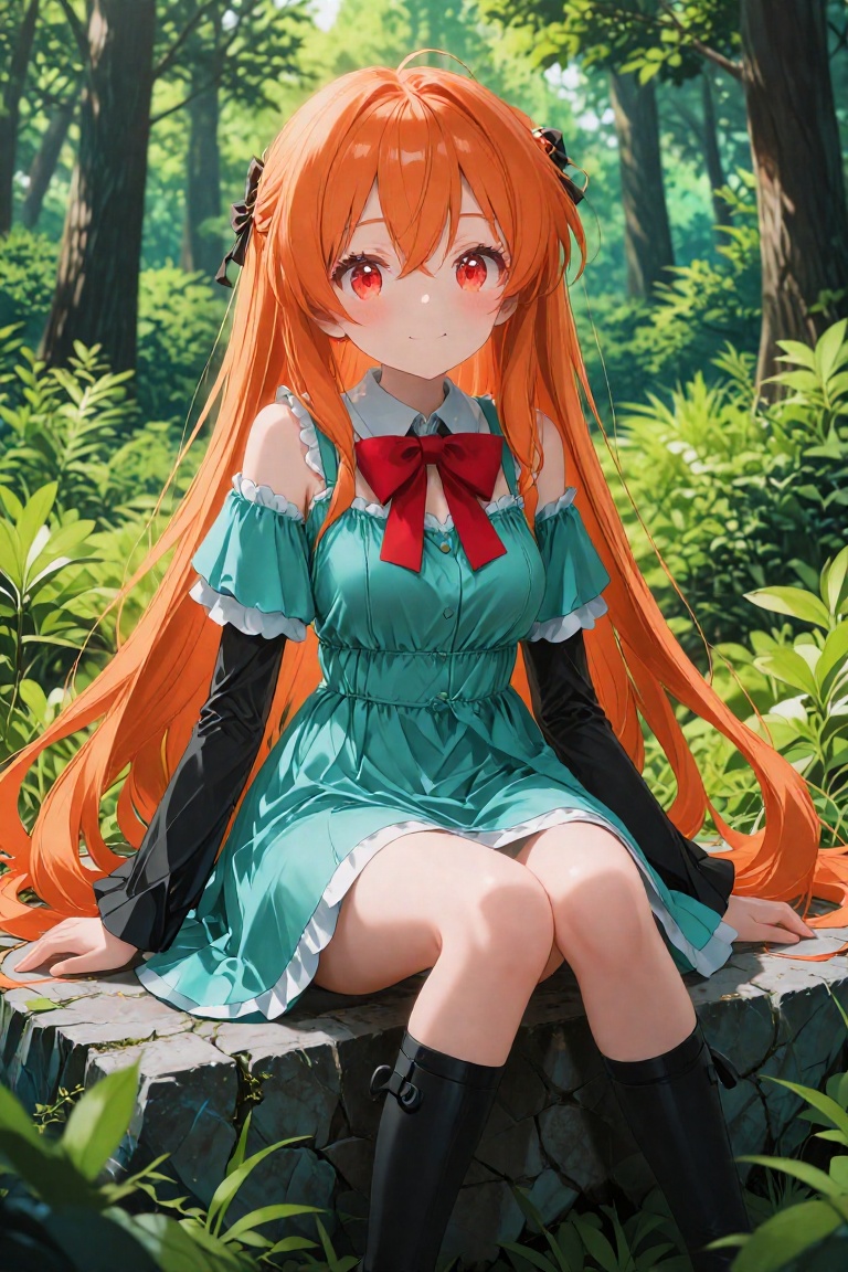 This digital anime-style illustration features a young woman with long,  flowing orange hair and red eyes,  sitting on a s...