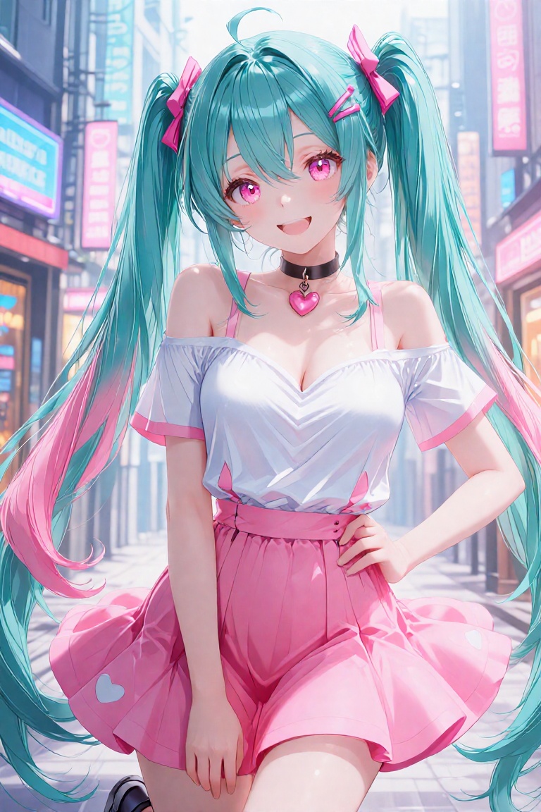 A vibrant anime-style digital illustration from a front camera angle,  featuring a young woman with long,  teal hair style...