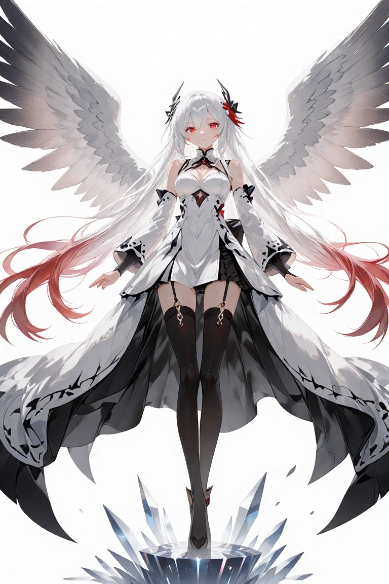 A digital illustration,  anime style,  anime shoot from below about a character with long white hair and red accents weari...