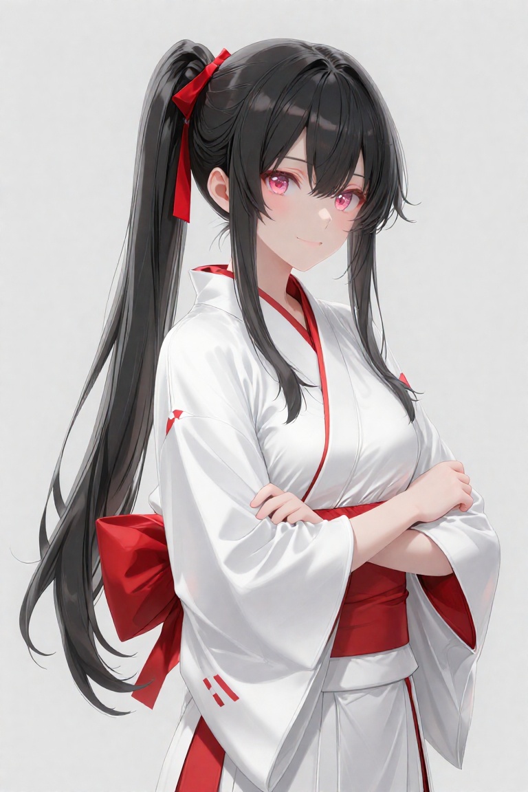 A digital illustration shoot from a portrait angle about a young girl in a traditional japanese outfit with a confident ex...