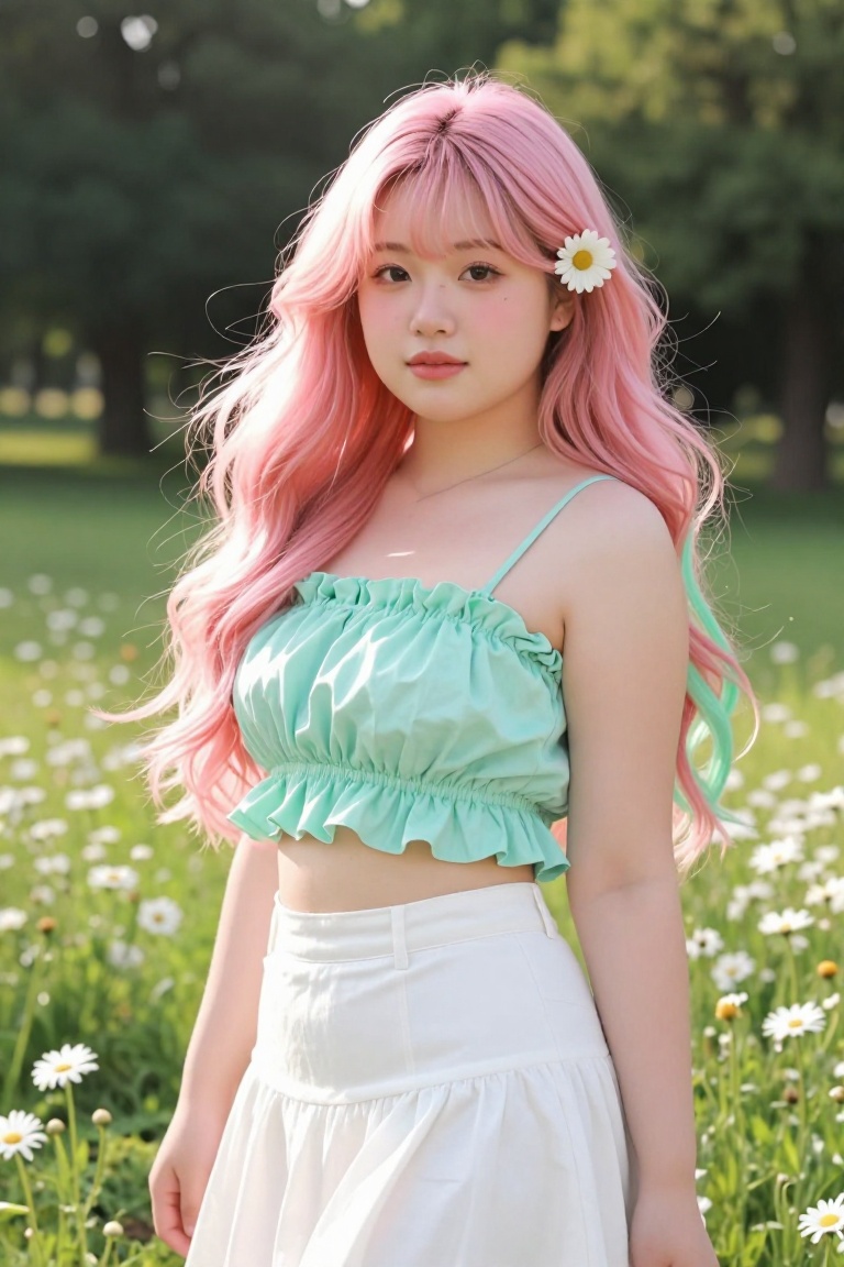 A young woman with long flowing pink hair,  one side tipped in mint green,  stands in a sunlit meadow. She wears a ruffled...