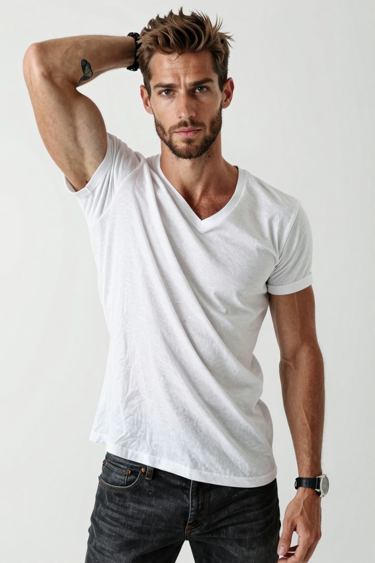 A muscular man with short styled brown hair and a trimmed beard stands against a bright white studio backdrop. He wears a...