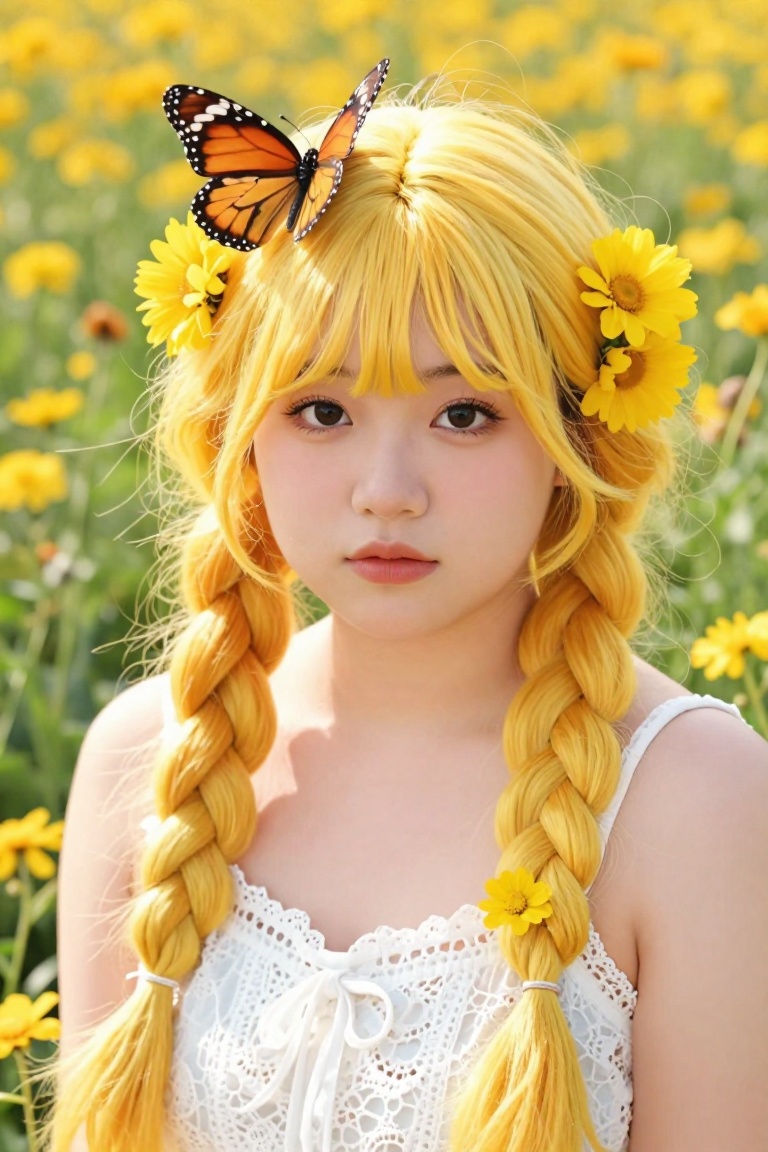 A young woman with long vibrant yellow hair styled in two thick braids,  adorned with fresh yellow flowers and a large mon...