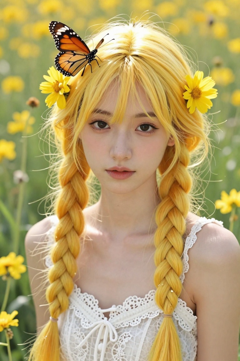 A young woman with long vibrant yellow hair styled in two thick braids,  adorned with fresh yellow flowers and a large mon...