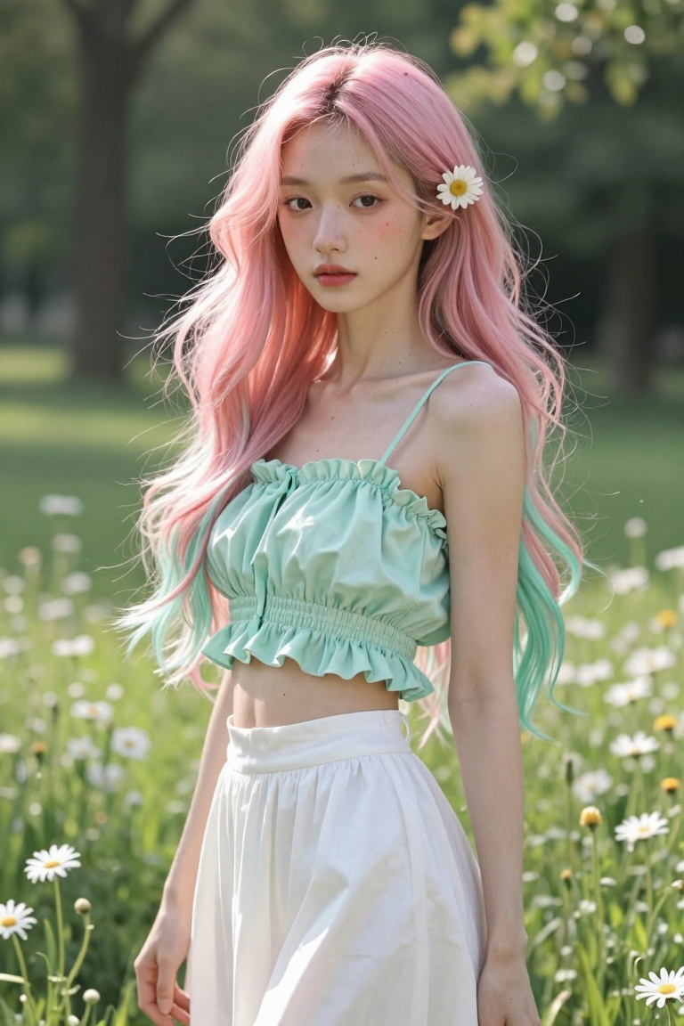 A young woman with long flowing pink hair,  one side tipped in mint green,  stands in a sunlit meadow. She wears a ruffled...