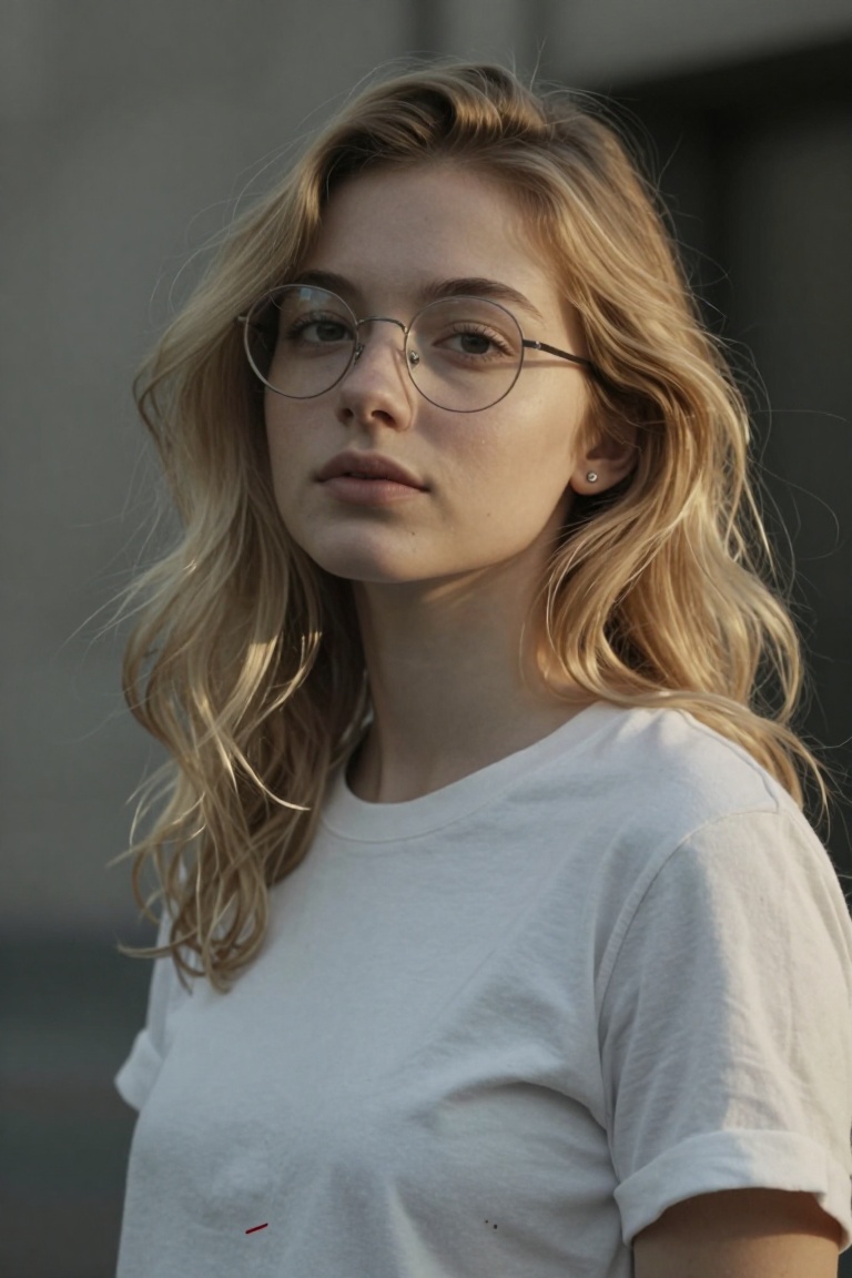 A young woman with wavy light-blonde hair,  softly lit by warm golden light from the side. She wears thin round-framed gla...