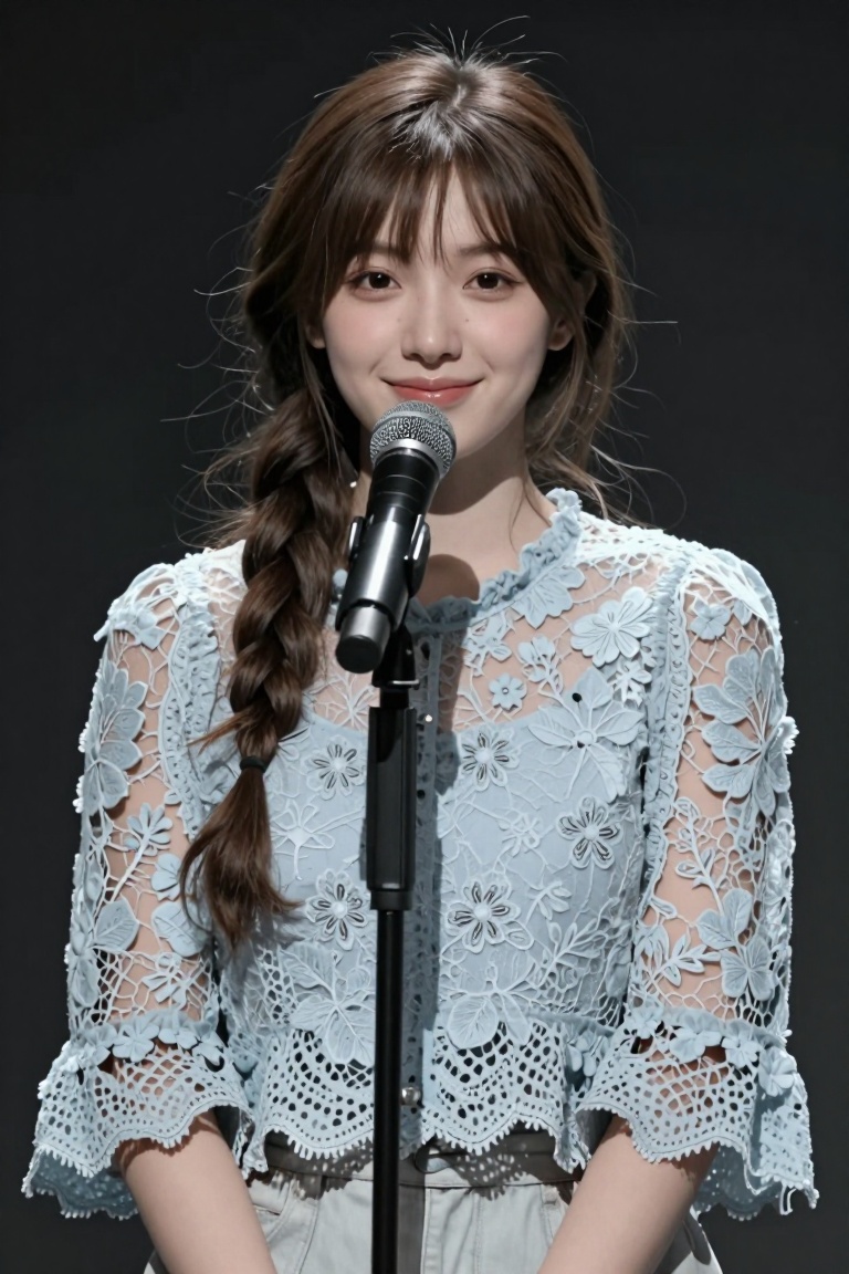 A young woman with long brown hair styled in loose braids and soft front tendrils stands before a microphone on a stand. S...