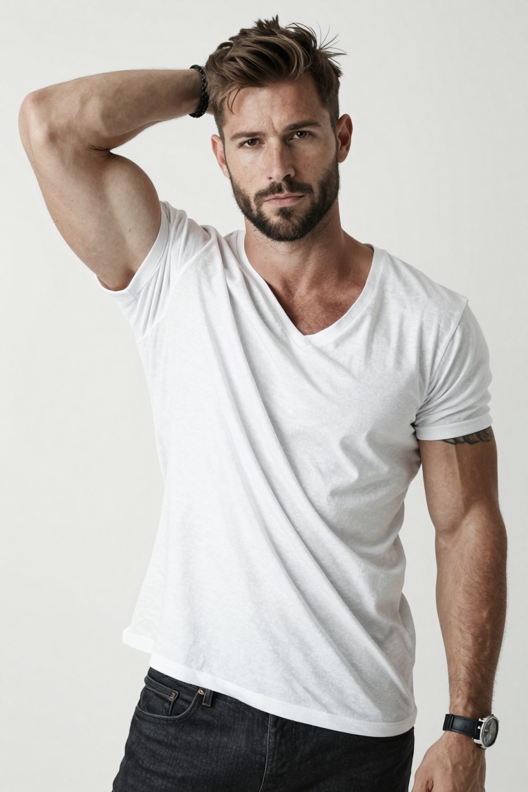 A muscular man with short styled brown hair and a trimmed beard stands against a bright white studio backdrop. He wears a...