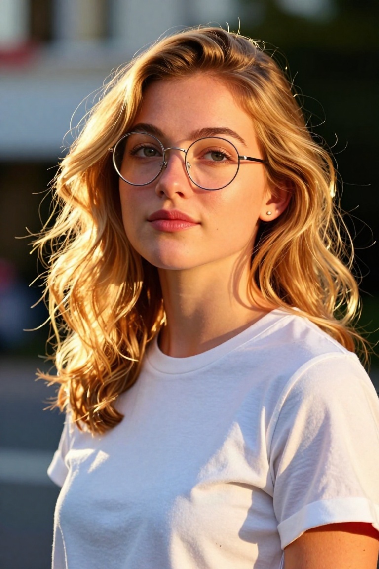 A young woman with wavy light-blonde hair,  softly lit by warm golden light from the side. She wears thin round-framed gla...