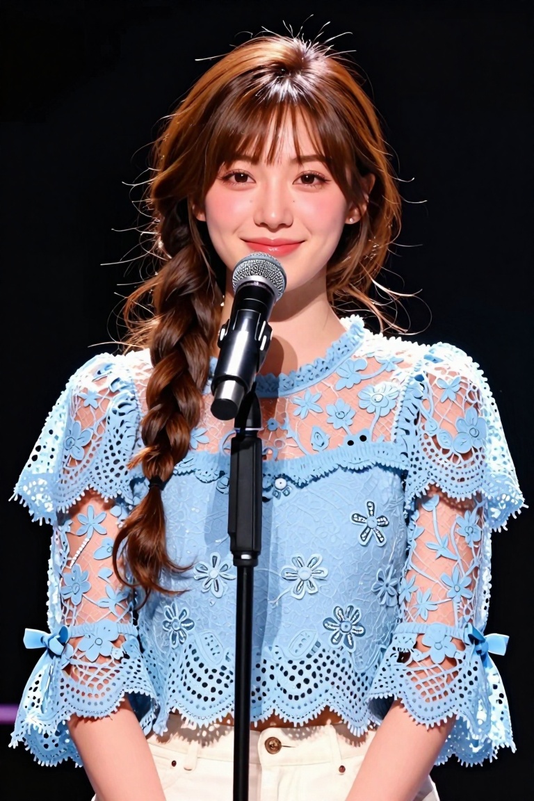 A young woman with long brown hair styled in loose braids and soft front tendrils stands before a microphone on a stand. S...