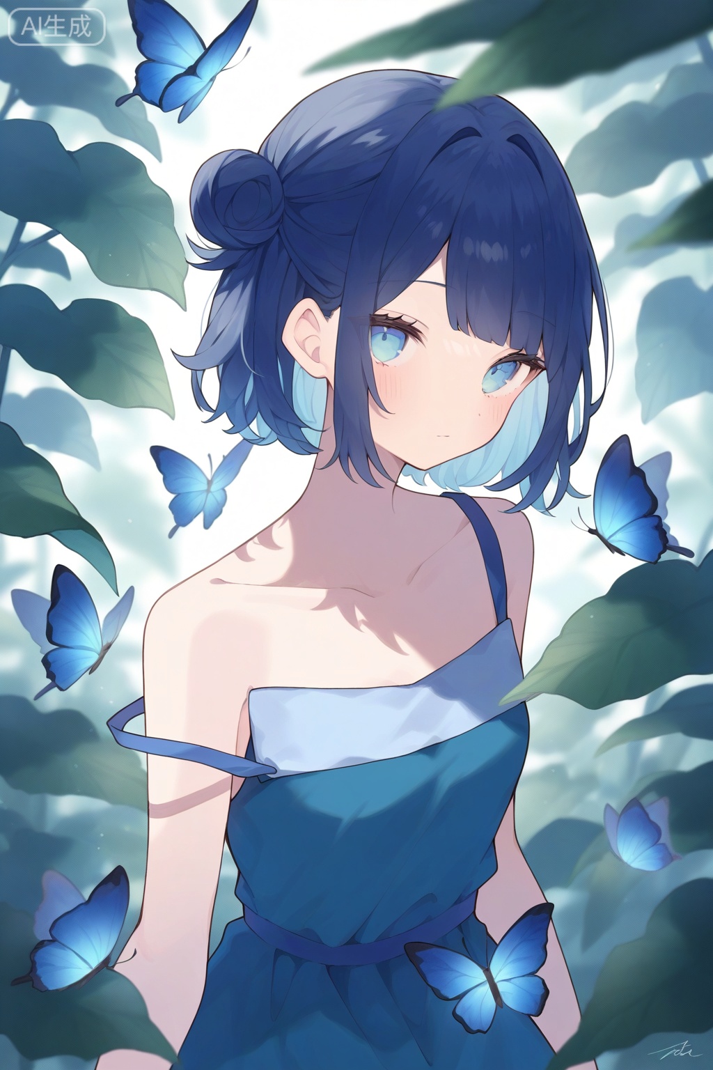 1girl, solo, looking at viewer, short hair, bangs, blue eyes, dress, bare shoulders, closed mouth, blue hair, collarbone, upper body, signature, hair bun, blue dress, leaf, bug, plant, butterfly