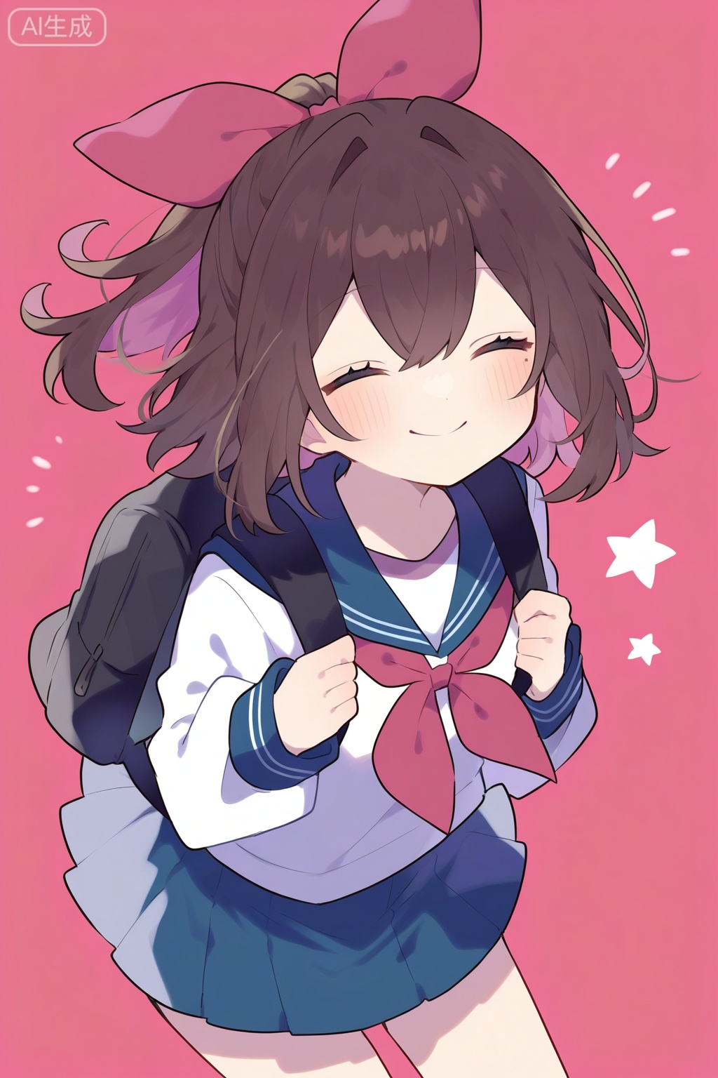 1girl,solo,blush,smile,bangs,skirt,simple background,brown hair,shirt,long sleeves,bow,hair between eyes,closed mouth,school uniform,closed eyes,white shirt,hair bow,cowboy shot,pleated skirt,serafuku,sailor collar,bag,star \(symbol\),red bow,blue skirt,neckerchief,^ ^,pink background,backpack,pink bow,blue sailor collar,facing viewer,red neckerchief,holding strap,