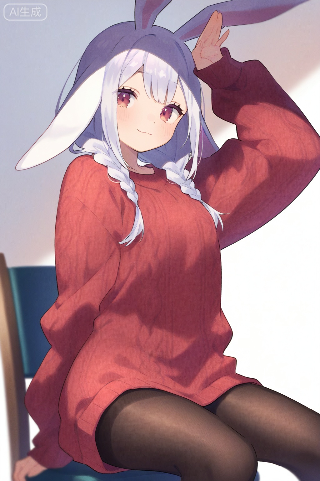 (masterpiece),(best quality),1girl, solo, bunny girl, bunny ears, long floppy ears, silver hair, braids, gentle smile, looking at viewer, oversized sweater, knit sweater, cozy, sitting on a chair, indoor, soft lighting, depth of field