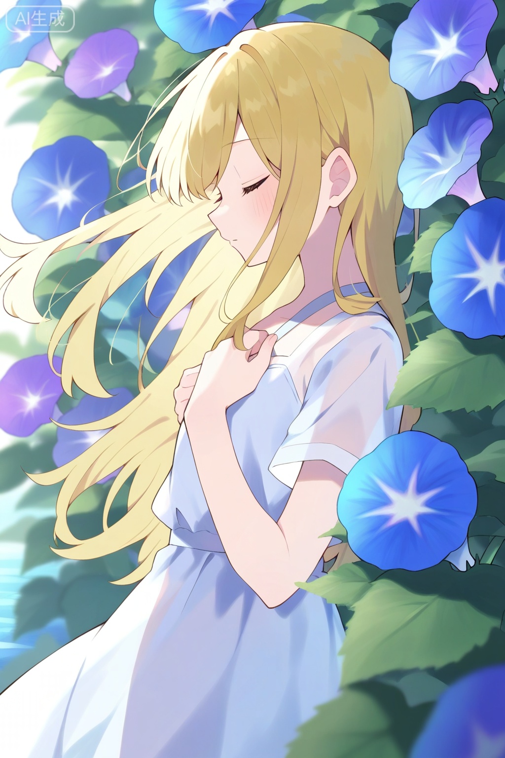 1girl, blue_flower, closed_eyes, flower, from_side, hand_on_own_chest, hydrangea, leaf, long_hair, morning_glory, plant, profile, see-through, short_sleeves, solo, water, white_dress