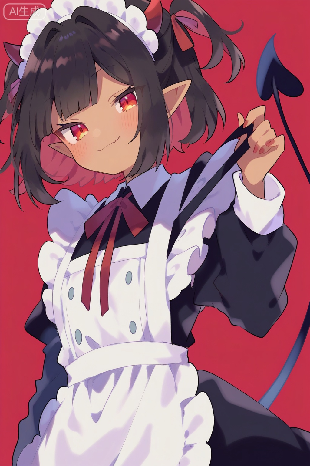 (best quality),(amazing quality),(very aesthetic),1girl, solo, looking at viewer, short hair, bangs, black hair, long sleeves, maid dress, black dress, ribbon, closed mouth, red eyes, hair ribbon, upper body, frills, puffy sleeves, apron, white apron, maid apron, frilled apron, collared dress, small demon horns, subtle demon tail, dark skin, mischievous smirk, deep red background, sketch, limited palette, simple background