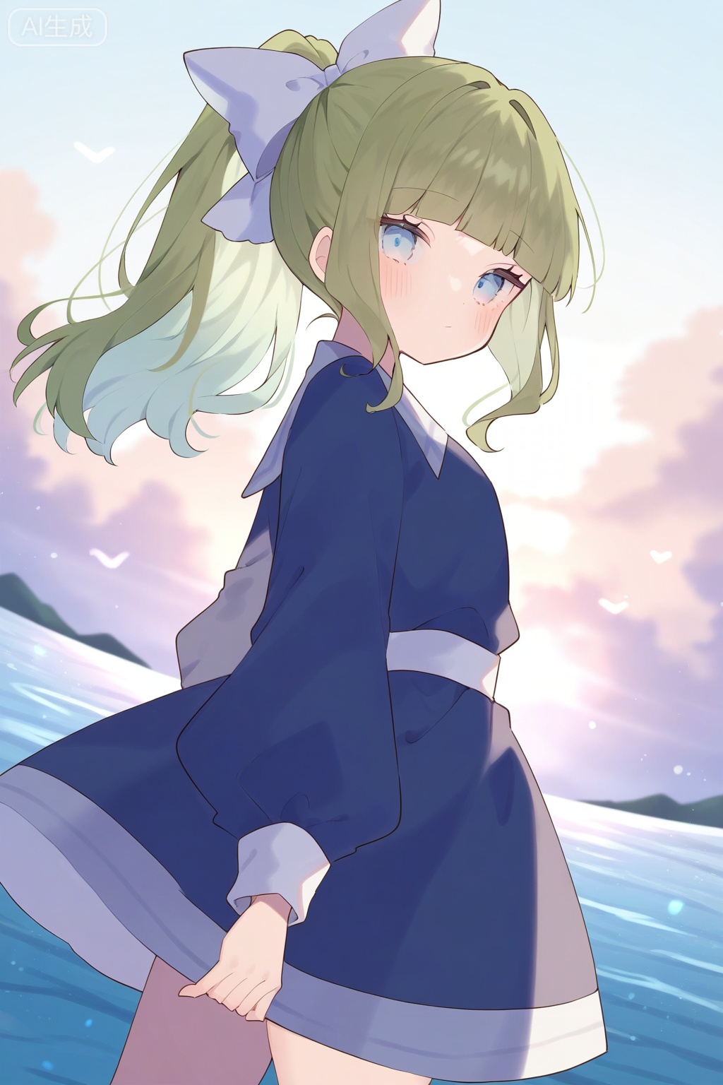 1girl, solo, long hair, looking at viewer, bangs, blue eyes, long sleeves, dress, bow, closed mouth, standing, ponytail, sidelocks, cowboy shot, green hair, sky, puffy sleeves, cloud, from side, looking to the side, ocean, white bow, puffy long sleeves, fish
