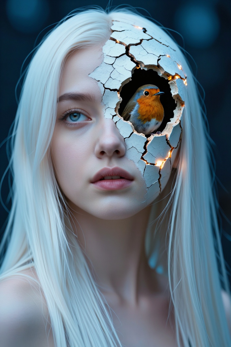 A young woman with long pale-white hair frames her face,  one side of which appears as cracked ceramic or dried clay — fis...