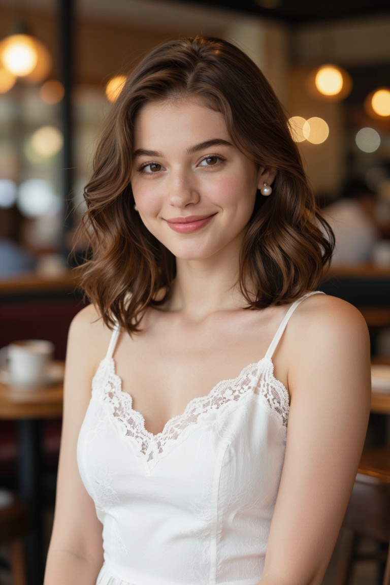 A young woman with shoulder-length wavy brown hair stands in a softly lit indoor setting. close-up portrait,  She wears a...