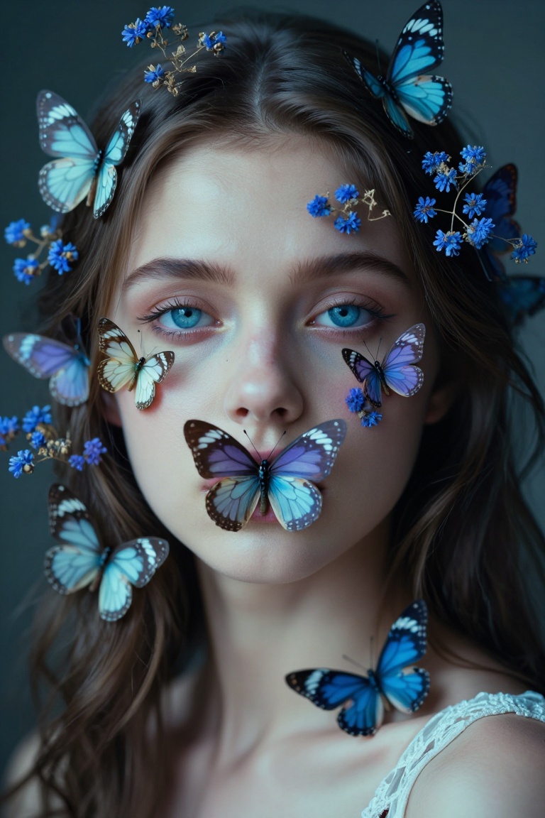 Create a close-up,  ethereal portrait of a woman. She has striking blue eyes. Her face and hair are adorned with delicate...