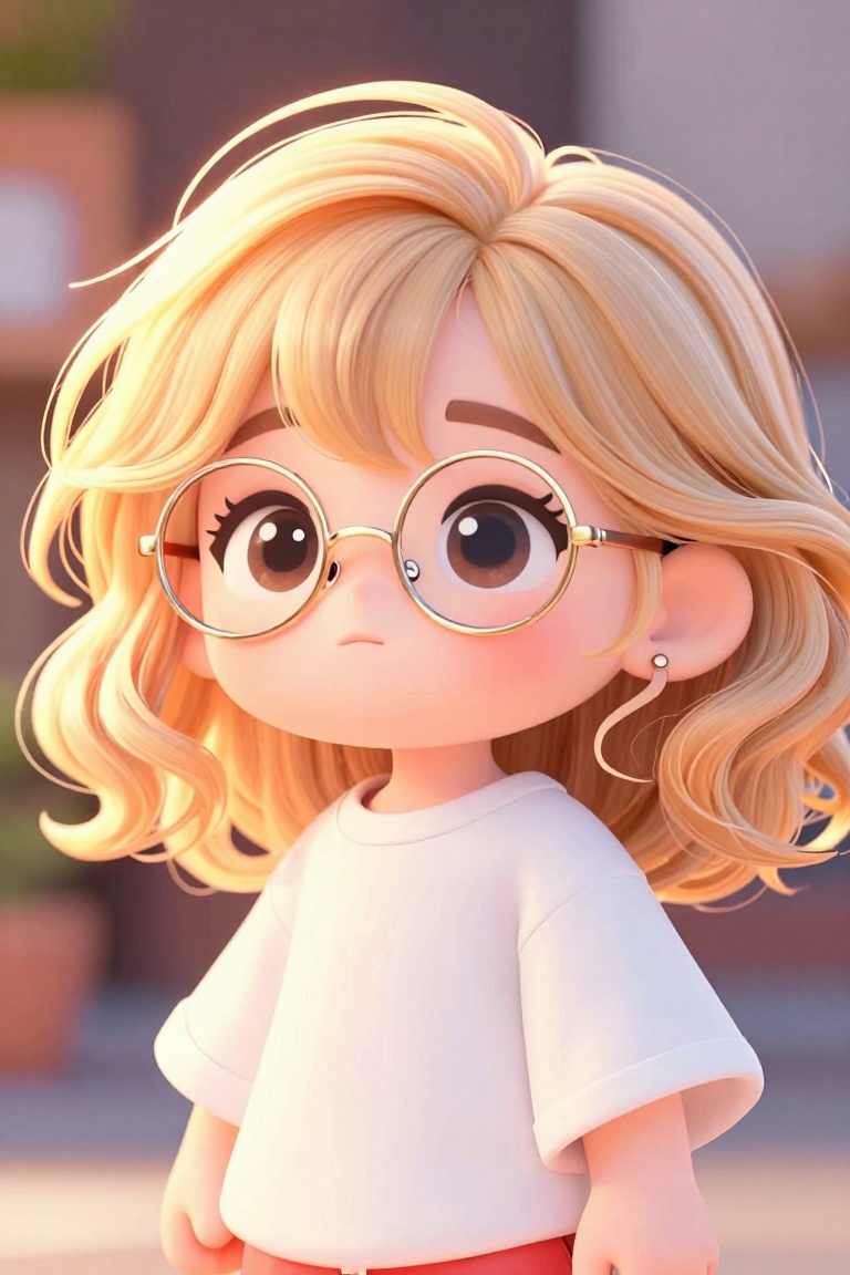 3D Cute Chibi,  A young woman with wavy light-blonde hair,  softly lit by warm golden light from the side. She wears thin...