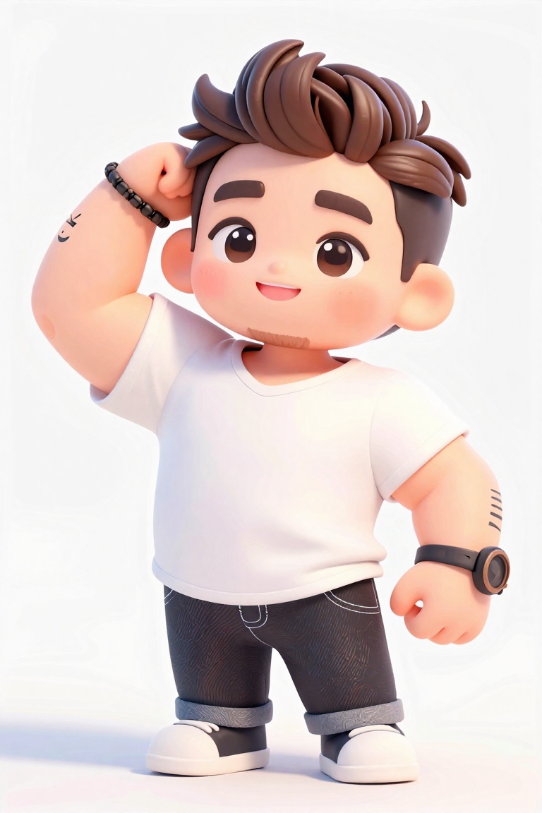 3D Cute Chibi,  A muscular man with short styled brown hair and a trimmed beard stands against a bright white studio backd...
