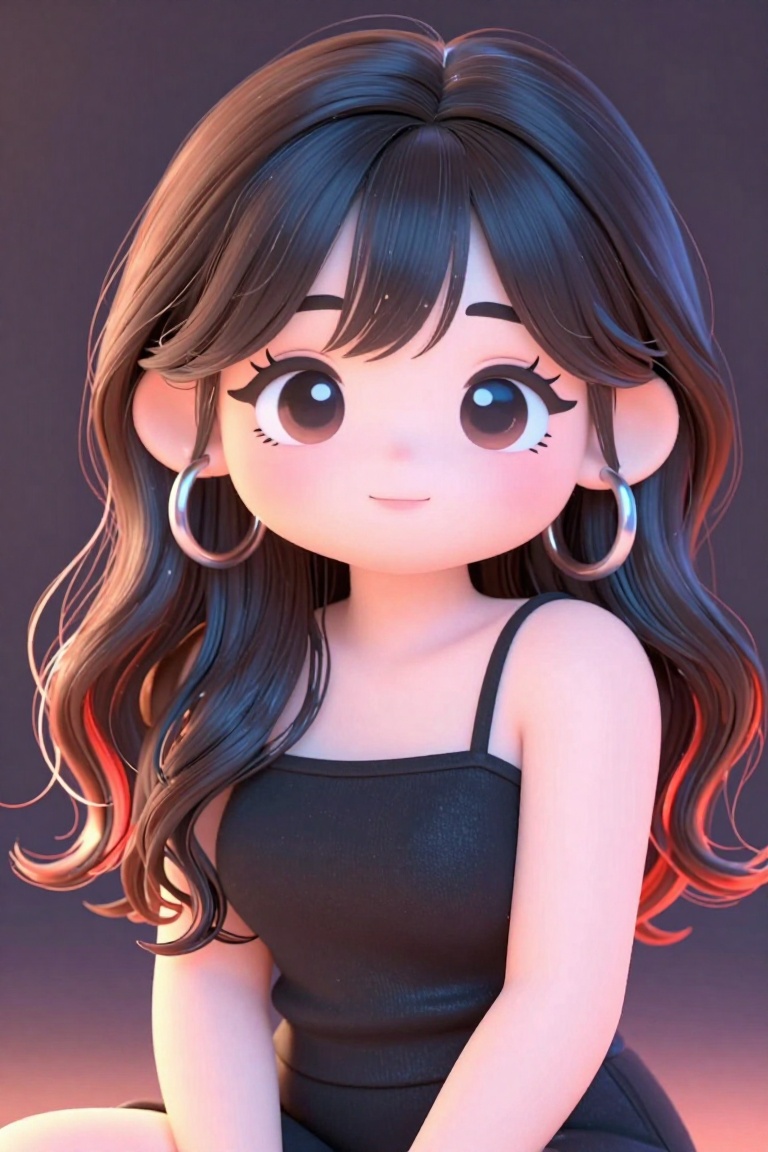 3D Cute Chibi,  A young woman with long dark wavy hair (appears lightly damp) sits against a dark muted backdrop. She wear...