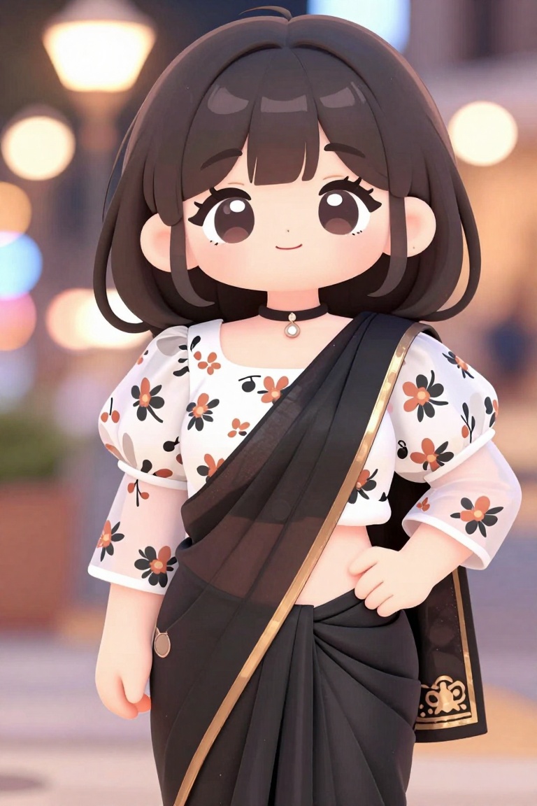 3D Cute Chibi,  A young woman stands outdoors at night,  softly lit by ambient streetlights in the blurred background. She...
