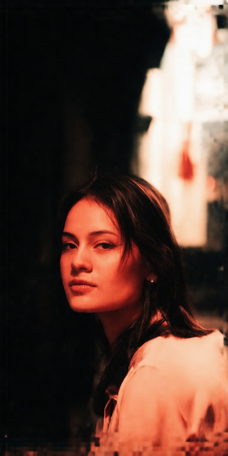 A masterpiece-level ultra-aesthetic close-up portrait of a young woman captured mid-motion as she slowly and deliberately...