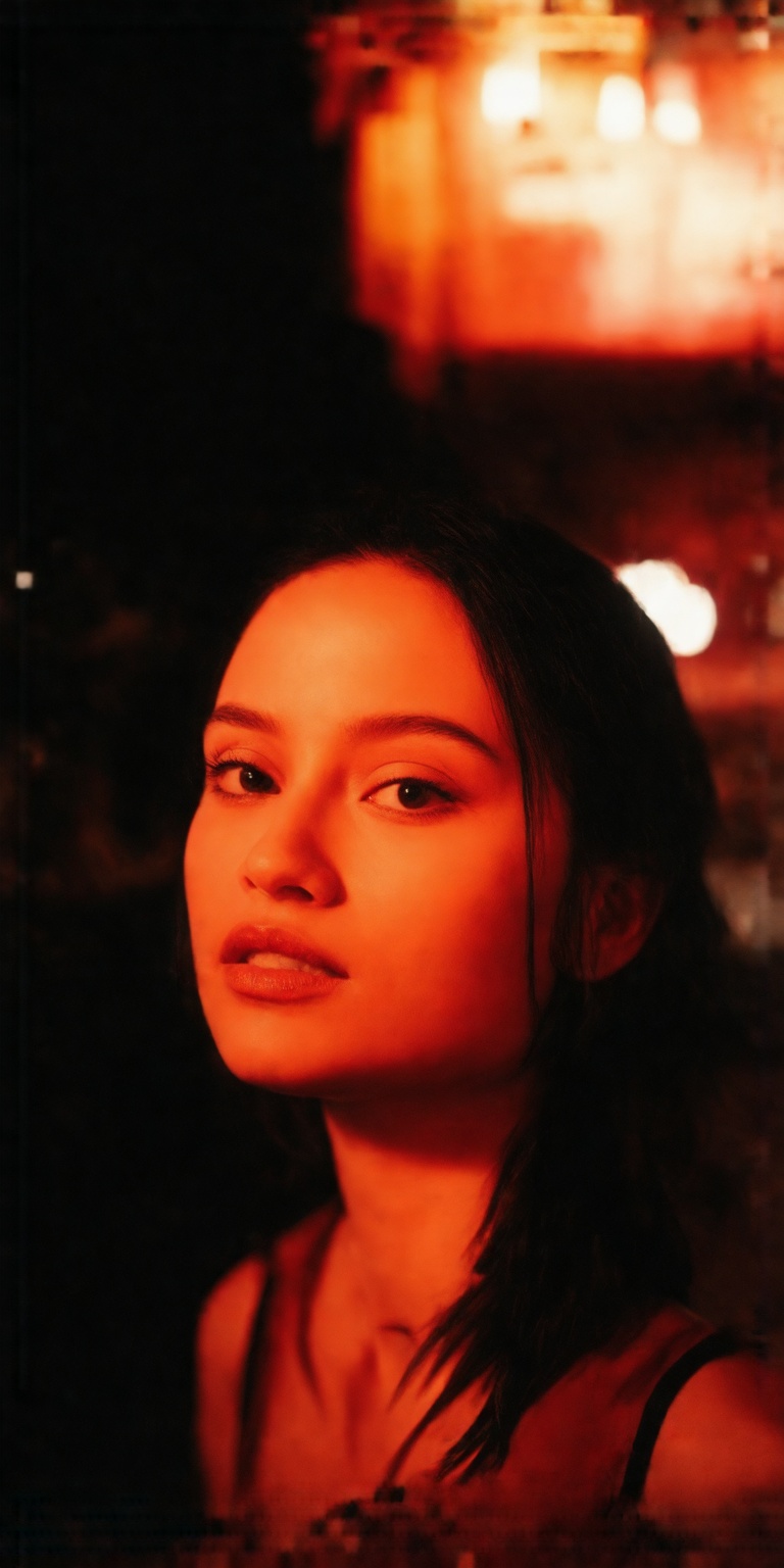 A masterpiece-level ultra-aesthetic close-up portrait of a young woman captured mid-motion as she slowly and deliberately...