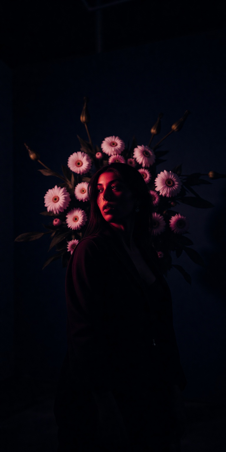A high-contrast color portrait inspired by dramatic noir composition but reimagined through Flower Arrangement Art. The wo...