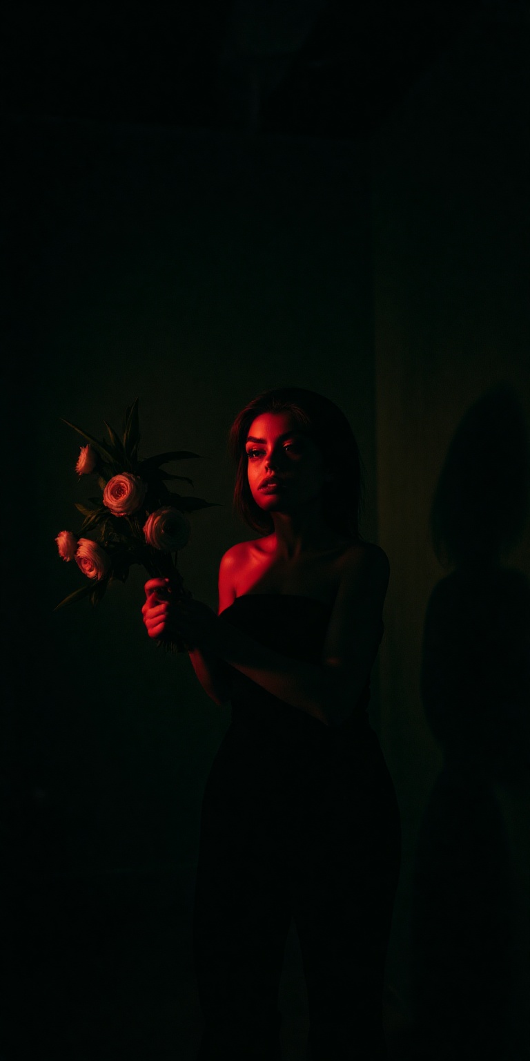 An aesthetic,  high-detail color portrait combining dramatic atmosphere with Flower Arrangement Art. The woman stands cent...