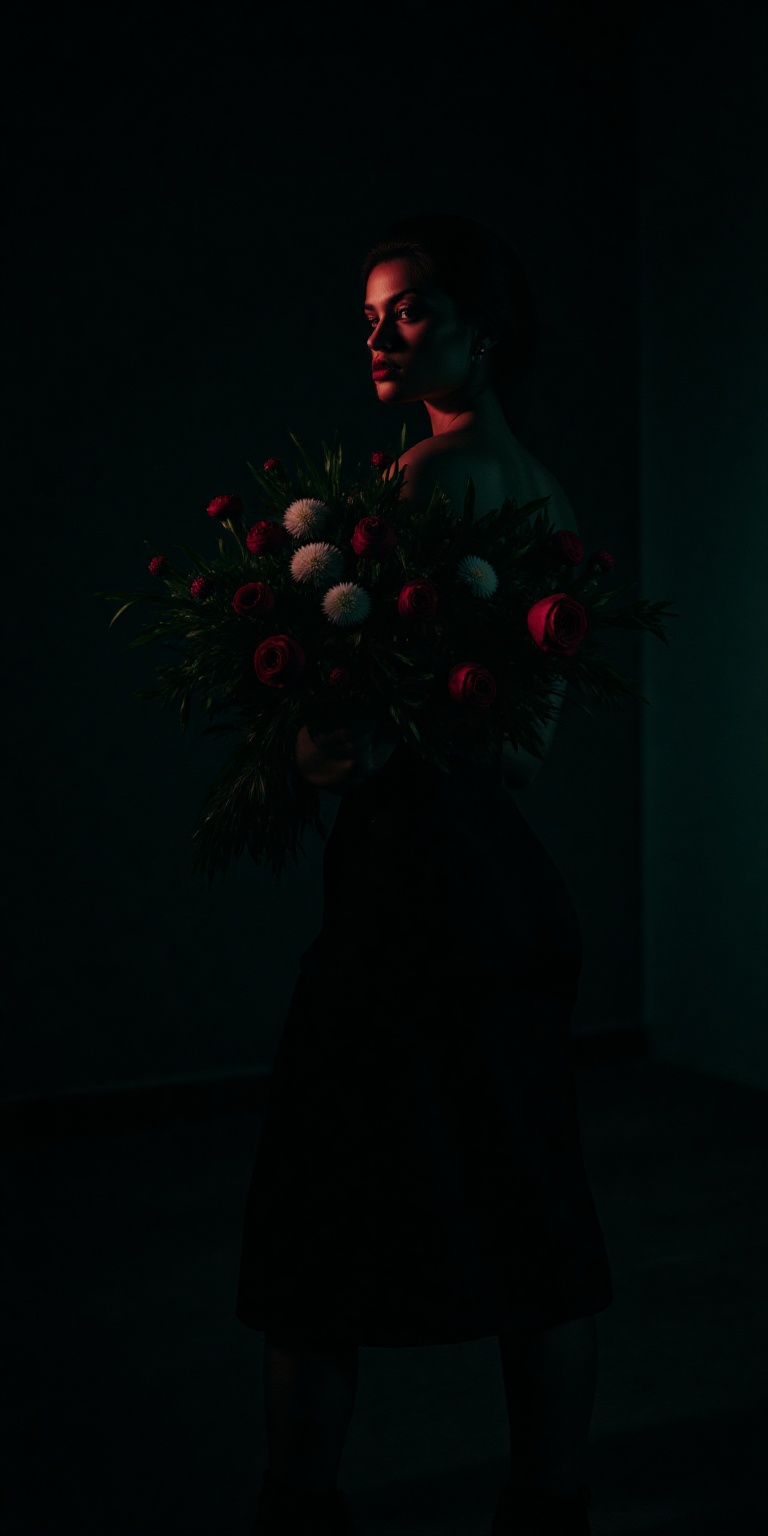 A cinematic color portrait centered on the theme of Flower Arrangement Art,  blending high-contrast drama with refined aes...
