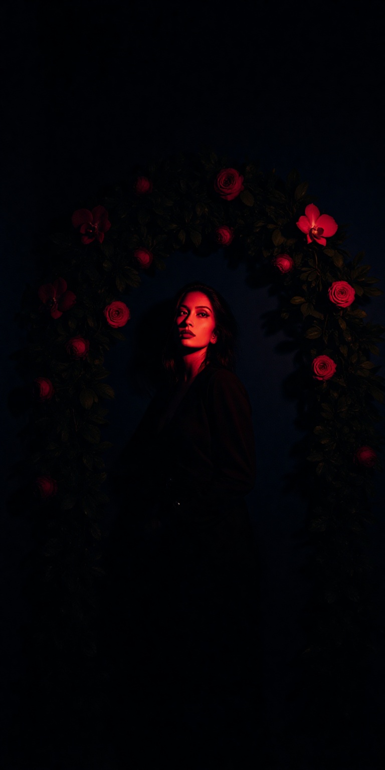 A dramatic,  high-contrast color portrait inspired by noir composition but centered on Flower Arrangement Art with extreme...