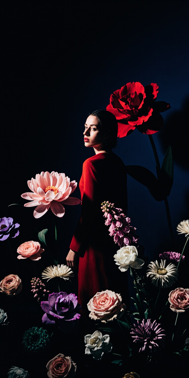 red,  A high-contrast color portrait inspired by dramatic noir composition but reimagined through Flower Arrangement Art....