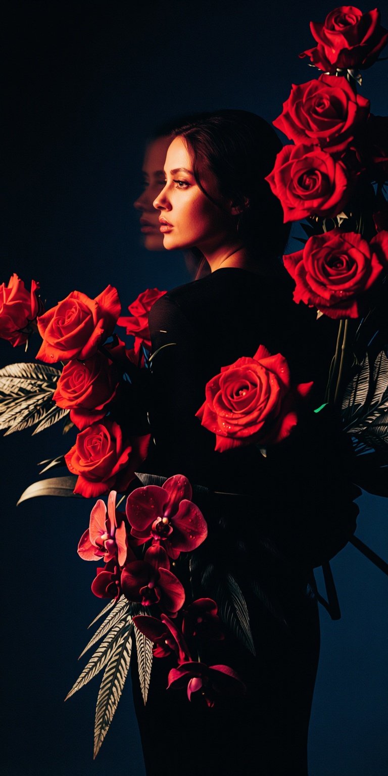 red,  A dramatic,  high-contrast color portrait inspired by noir composition but centered on Flower Arrangement Art with e...