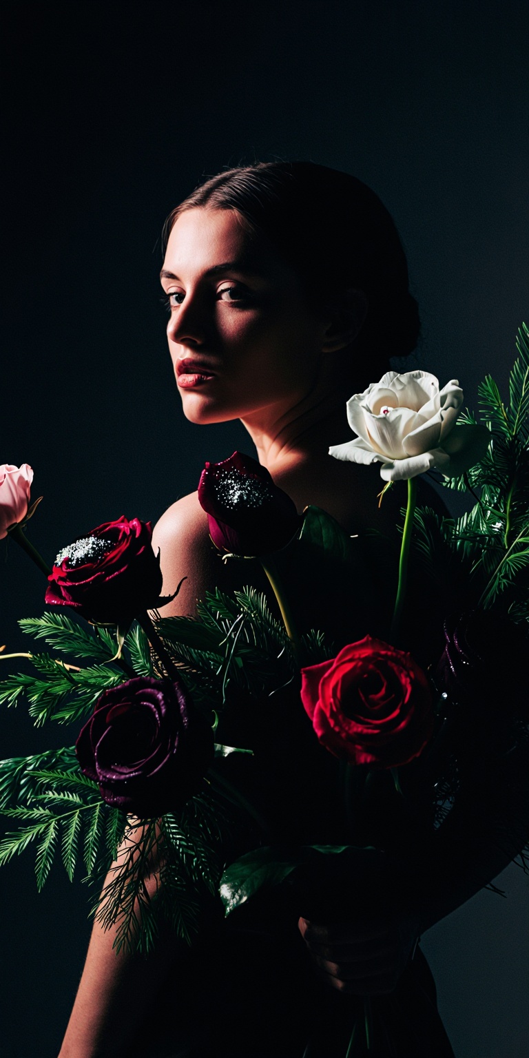 red,  A cinematic color portrait centered on the theme of Flower Arrangement Art,  blending high-contrast drama with refin...