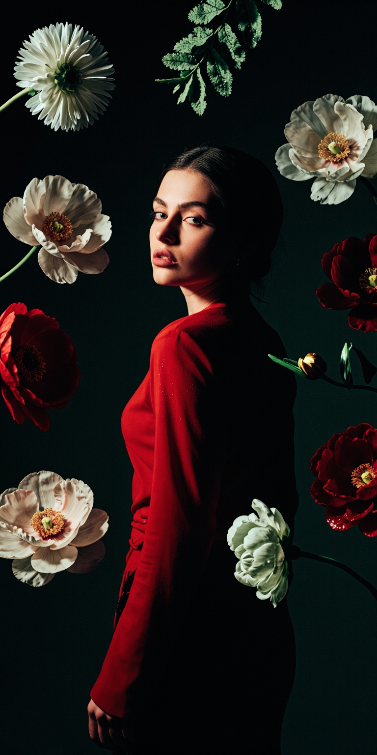 red,  An aesthetic,  high-detail color portrait combining dramatic atmosphere with Flower Arrangement Art. The woman stand...