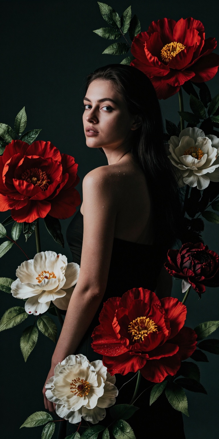 red,  An aesthetic,  high-detail color portrait combining dramatic atmosphere with Flower Arrangement Art. The woman stand...