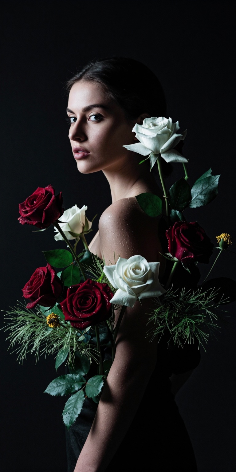 red,  A cinematic color portrait centered on the theme of Flower Arrangement Art,  blending high-contrast drama with refin...