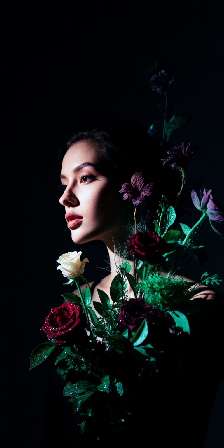 red,  A cinematic color portrait centered on the theme of Flower Arrangement Art,  blending high-contrast drama with refin...
