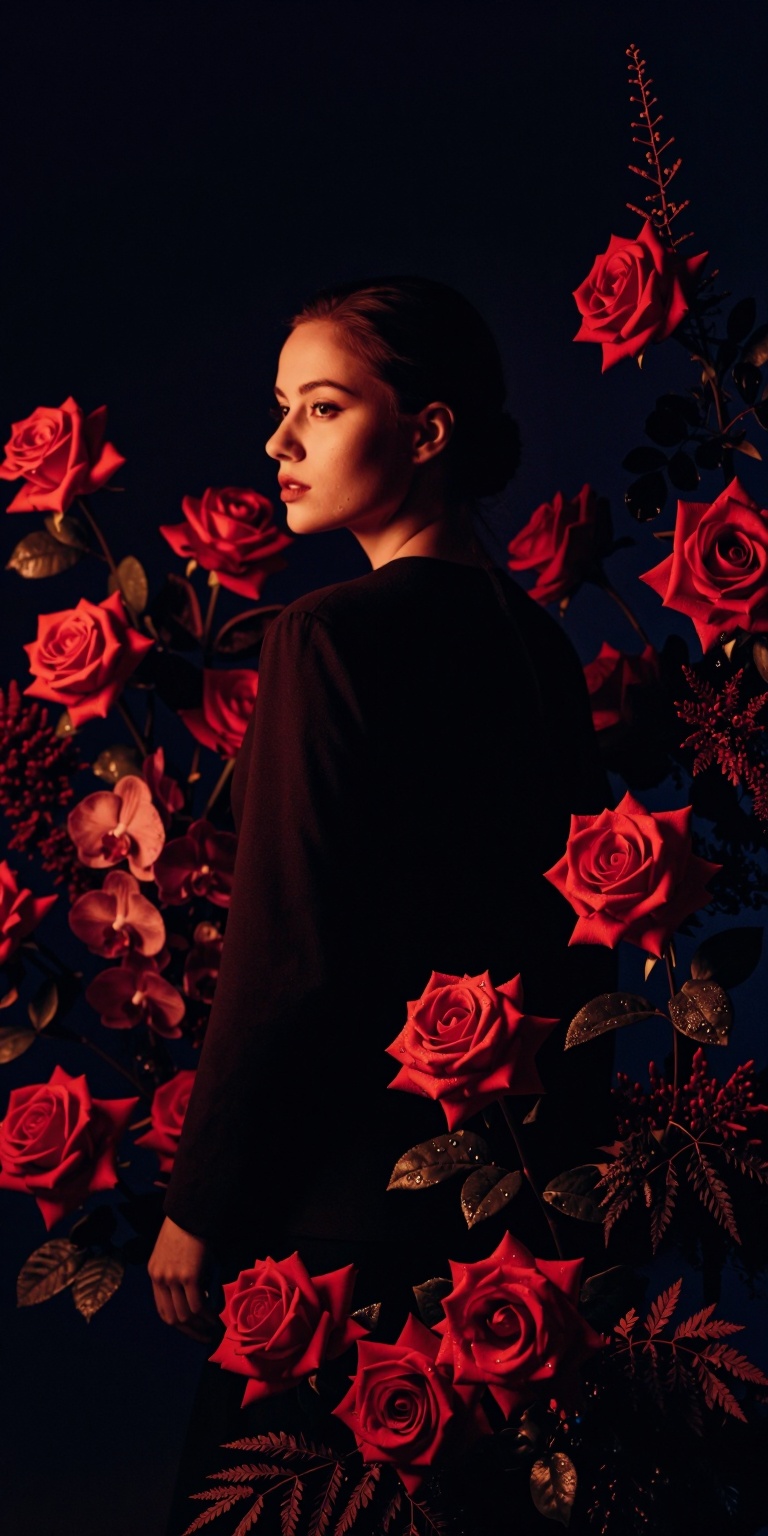 red,  A dramatic,  high-contrast color portrait inspired by noir composition but centered on Flower Arrangement Art with e...