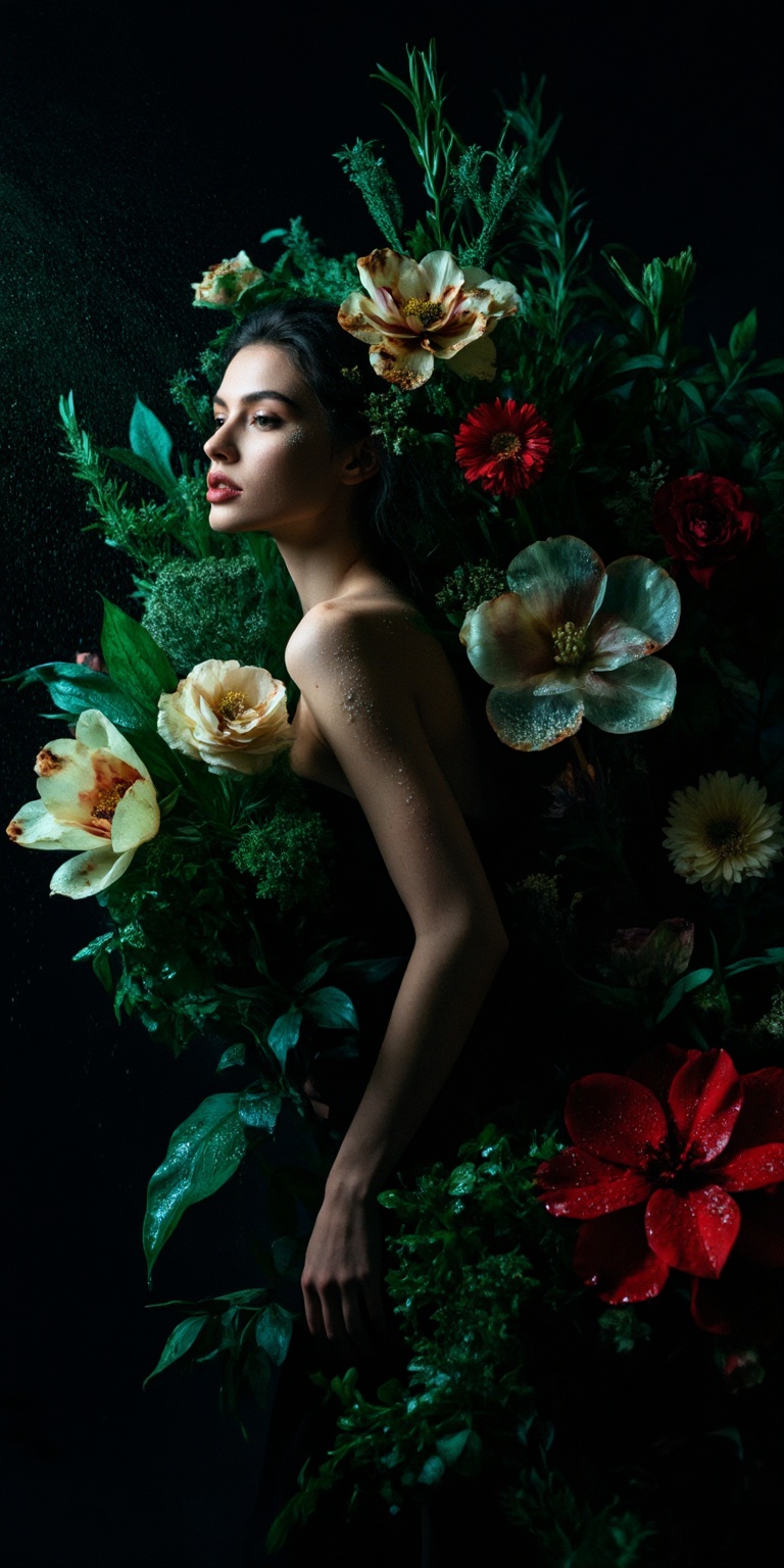 red,  An aesthetic,  high-detail color portrait combining dramatic atmosphere with Flower Arrangement Art. The woman stand...