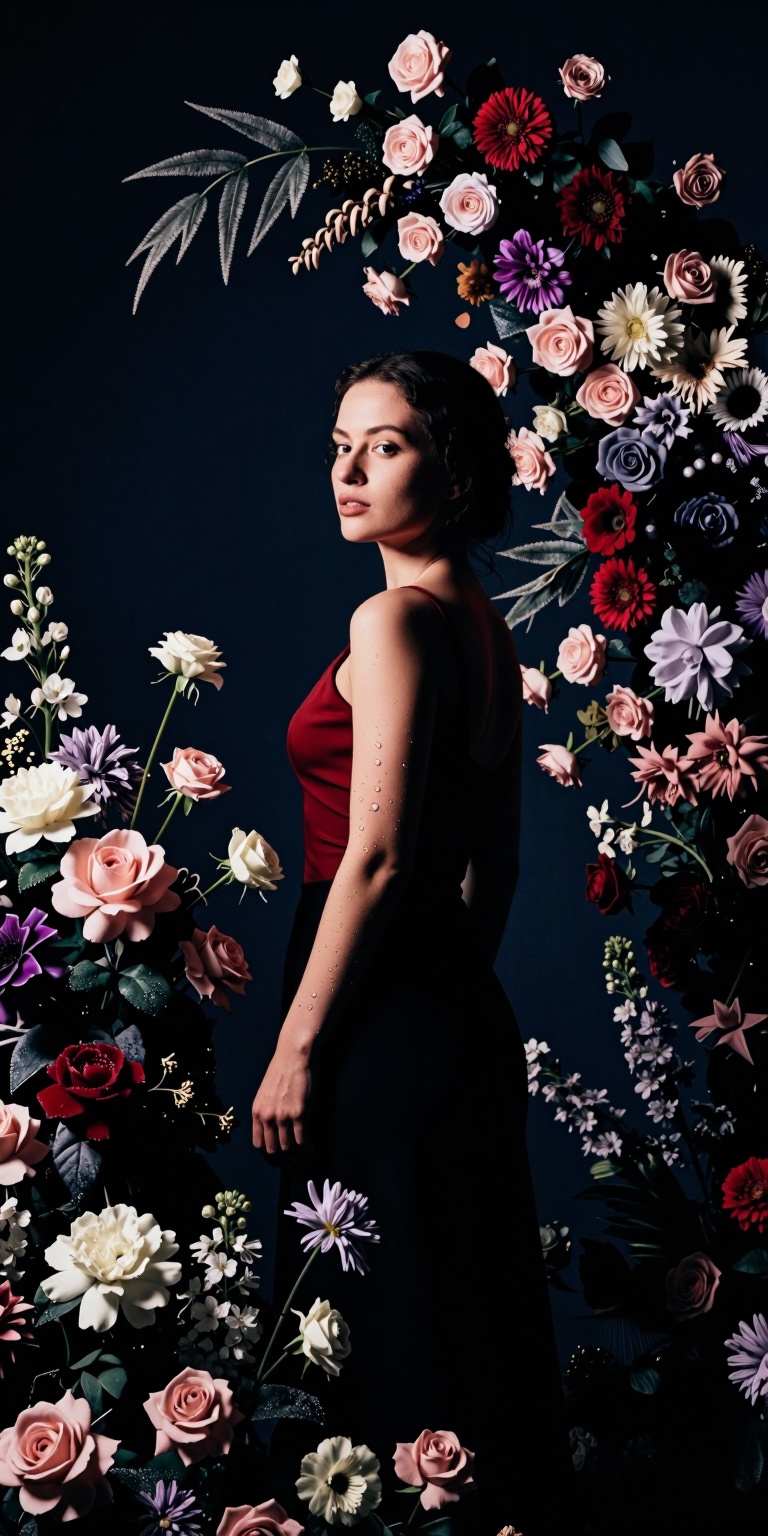 red,  A high-contrast color portrait inspired by dramatic noir composition but reimagined through Flower Arrangement Art....