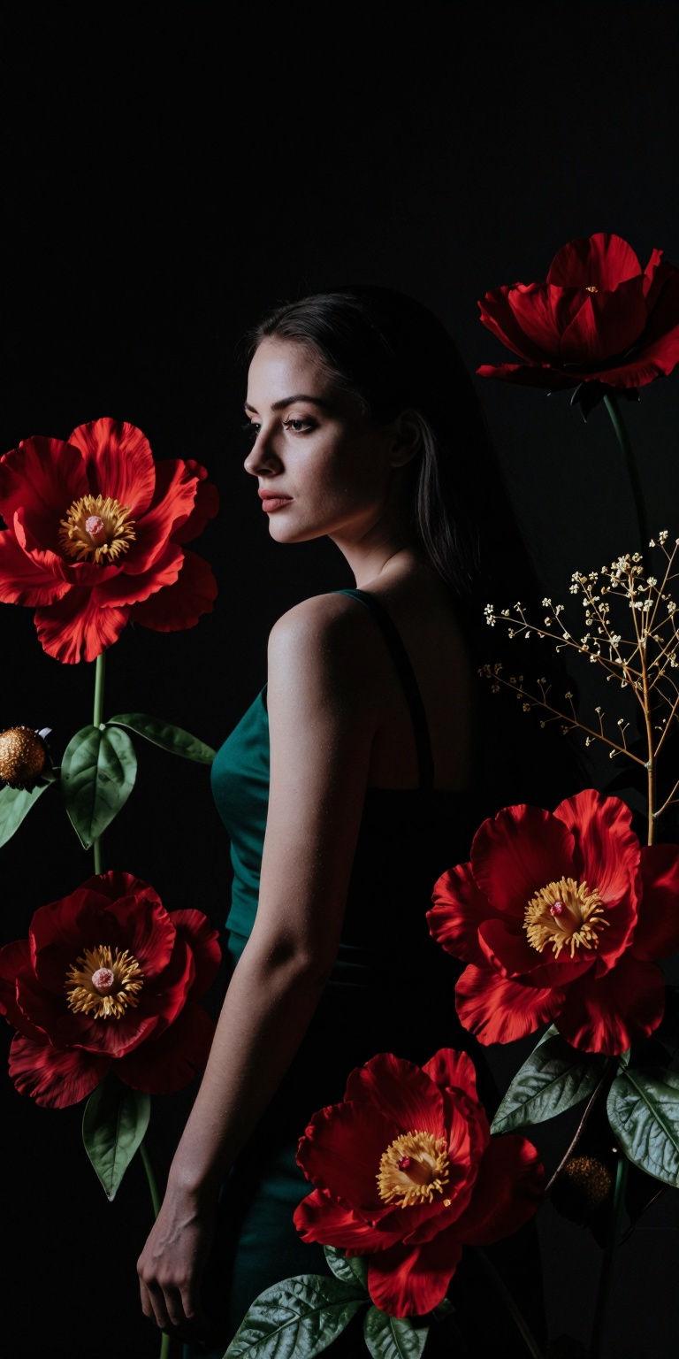 red,  A moody,  cinematic color portrait merging dramatic lighting with intricate Flower Arrangement Art. The woman stands...