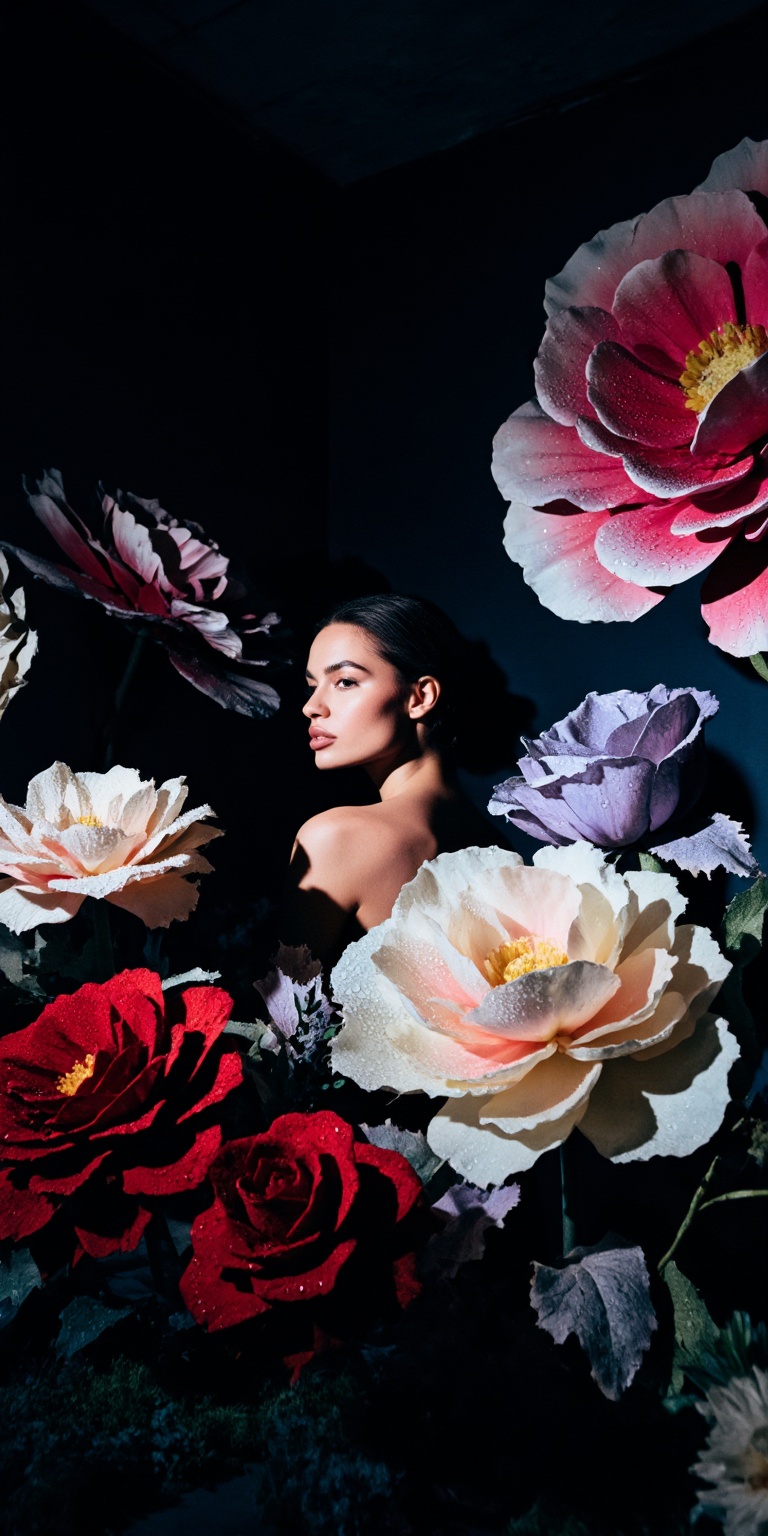 red,  A high-contrast color portrait inspired by dramatic noir composition but reimagined through Flower Arrangement Art....